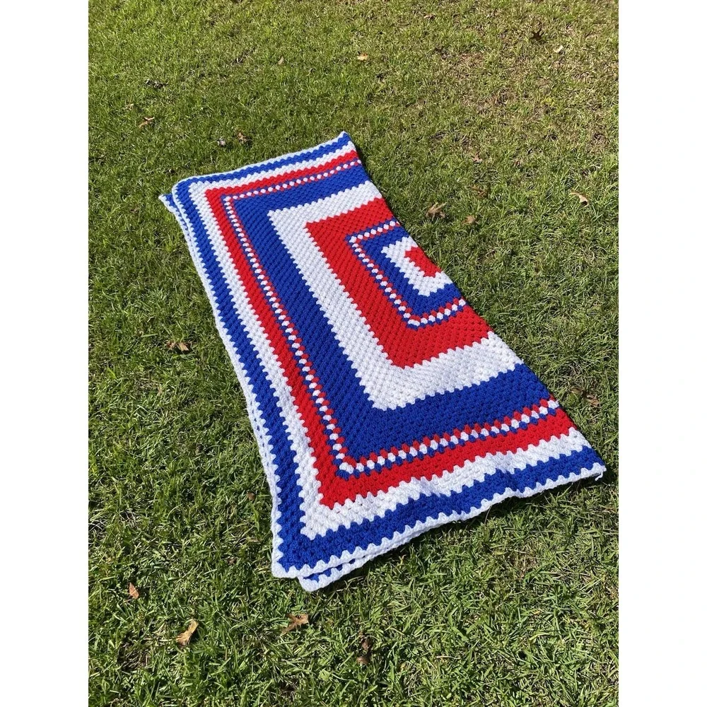 Afghan Crochet 63x58 Red White Blue Fourth Of July Patriotic Throw Blanket